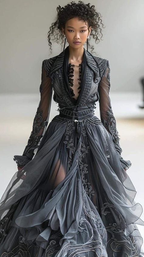 Torn Dress Aesthetic, Gothic Elegance, Black Dress Design, Black Armor Dress, Gothic Couture, Masculine Dress, Black Dress Avant Garde, Gothic Avant Garde Fashion, Goth Couture Dark Fashion