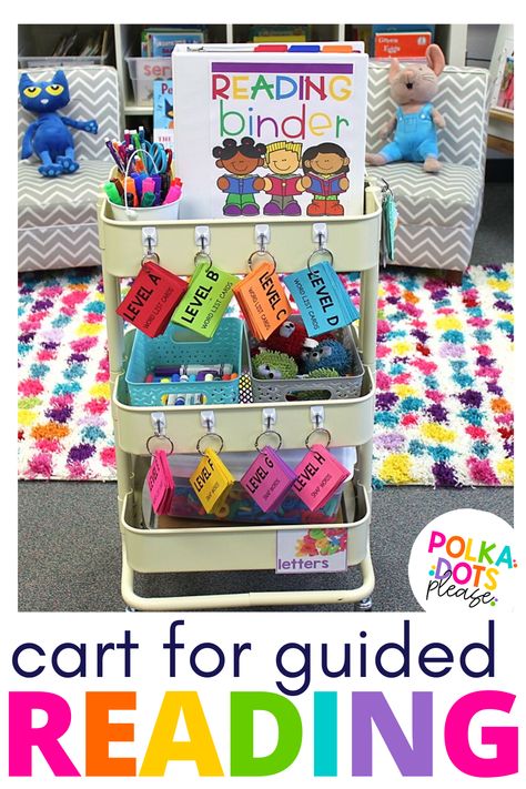 Keep everything you need for guided reading on one cart, including reading data binder, sight word cards, and reading comprehension activities. Perfect for kindergarten, first grade, and second grade! Guided Reading Book Organization, Guided Reading Cart, Small Group Cart Organization, 2nd Grade Classroom Ideas, Reading Cart, Kindergarten Guided Reading, Reading Supplies, Decodable Sentences, Guided Reading Binder