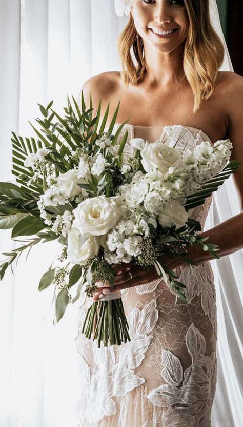 Cabo Wedding Bouquet, Modern Tropical Bridal Bouquet, Neutral Tropical Wedding Bouquet, White And Tropical Greenery Wedding, Tropical Simple Centerpieces, White Tropical Flower Bouquet, Neutral Tropical Bouquet, Palm Wedding Flowers, Small Beach Wedding Bouquet