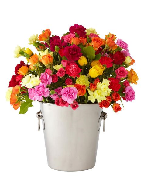 Bright Bouquet Flower Carnation, Bucket Flower, Flowers Last Longer, Bright Bouquet, Mini Carnations, Hgtv Magazine, Flower Picture, Champagne Bucket, Home Floral Arrangements