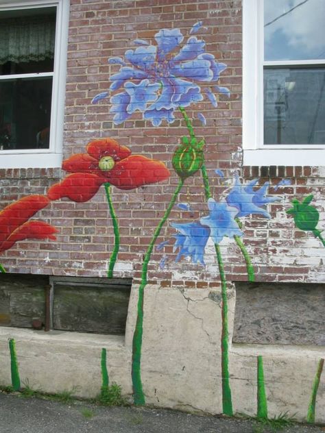 Wall Murals Painted Outdoor Brick, Brick Wall Mural Painted, Mural On Brick Wall, Brick Wall Mural Outdoor, Brick Mural, Brick Wall Drawing, Painted Brick Wall, Brick Wall Ideas, Painted Brick Walls