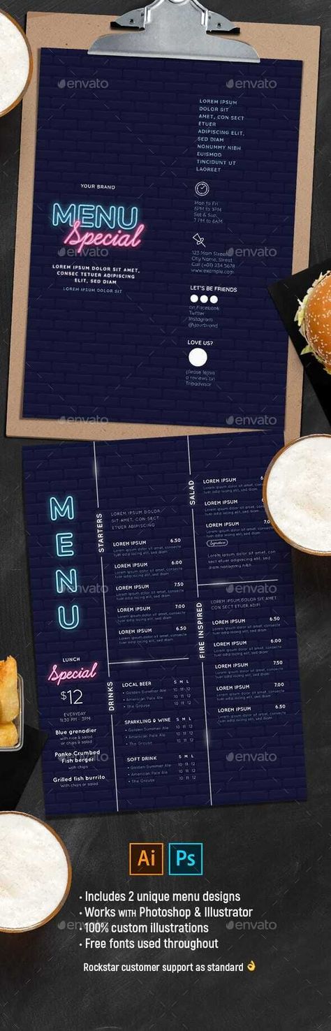 Neon Food, Menu Layout, Menu Flyer, Food Menu Template, Food Template, Drink Bar, Food Menu Design, Food Poster Design, Cocktail Menu