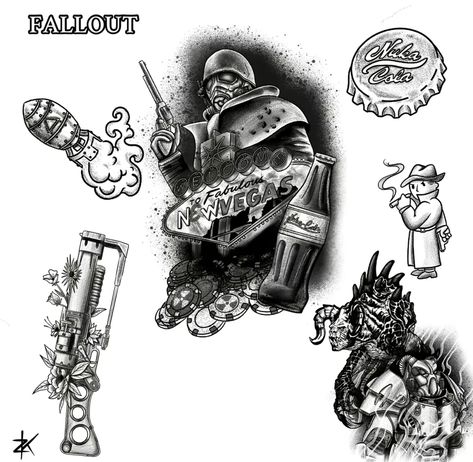 Fallout 4 Tattoo Ideas, Fallout Tattoo Flash, Fallout New Vegas Tattoo, Fallout Tattoo Ideas, Fallout 4 Tattoos, Fallout Tattoo, Metallica Tattoo, Nerd Tattoos, Warrior Tattoo Sleeve