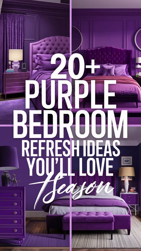 Struggling to find the right colors for your bedroom refresh? These 20+ purple bedroom refresh ideas will bring a calming yet vibrant vibe to your space. Save this pin for when you’re ready to transform your bedroom into a sanctuary. Purple Wall Painting Ideas, Purple And Gold Bedroom Ideas, Purple Striped Walls, Purple And Silver Bedroom, Romantic Purple Bedroom, Stripes Wall Paint, Purple And Green Bedroom, Dark Purple Bedroom, Purple And Gold Bedroom