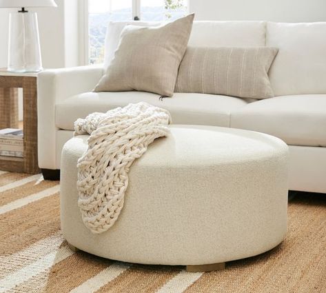 Ottomans, Storage Benches & Ottoman Coffee Tables | Pottery Barn Ottoman Coffee Tables, Circle Ottoman, Round Ottoman Coffee Table, No Closet Solutions, Storage Benches, Outdoor Cushion Covers, Ottoman Coffee, Small Space Solutions, Brown Frame