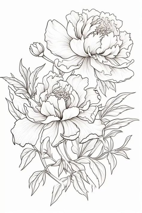 Peony Drawing, Peony Illustration, Flower Line Drawings, Flower Art Drawing, Flower Sketches, Floral Drawing, Pola Sulam, Arte Sketchbook, Flower Coloring Pages