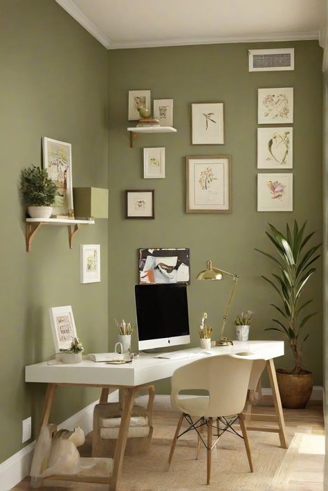 interior design,home decor,wall painting,home office Sage Home Office Ideas, Green Wall Office Design, Small Green Office, Home Office Sage Green, Sage Home Office, Sage Green Office Ideas, Sage Green Home Office, Green Study Room, Green Office Ideas