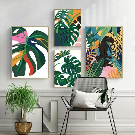 Animals Canvas Painting Koala Jungle Posters and Prints Nordic Monstera Leaf Wall Art Pictures for Living Room Home Decoration - Wallcorners - Decor your Home life Animal Canvas Paintings, Tropical Painting, Wall Canvas Painting, Leaf Wall Art, Animal Canvas, Wall Art Canvas Painting, Art Painting Acrylic, Living Room Pictures, Painting Art Projects