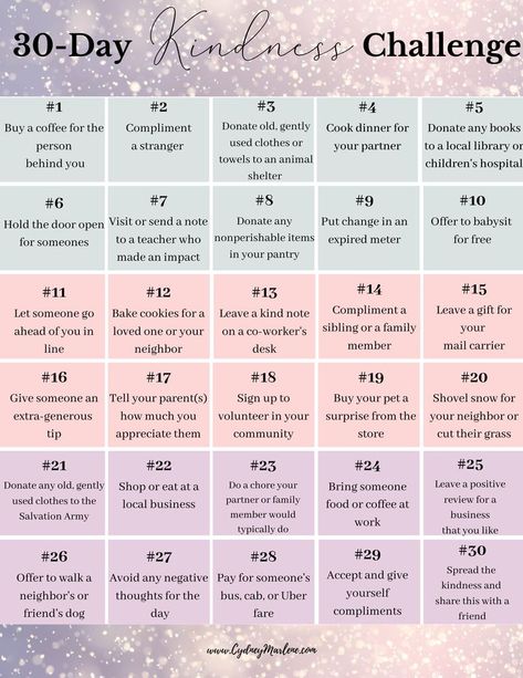 30-day kindness challenge! Perfect for spreading joy, happiness, and positivity all throughout the month of December and holiday season! #happiness #positivity 30 Day December Challenge, December 30 Day Challenge, Month Of December Activities, 30 Day Kindness Challenge, 30 Day Challange, 2023 Challenge, Positivity Challenge, December Challenge, Year Challenge