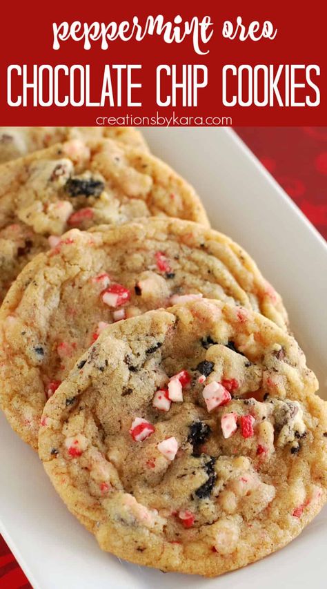 These Andes Peppermint Chocolate Chip cookies are perfect for Christmas! Loaded with chocolate chips, peppermint andes bits, and oreos, every bite is incredible! #mintcookies #christmascookies #chocolatemintcookies #peppermintandes #cookies -from Creations by Kara Andes Peppermint Recipes, Andes Peppermint Crunch Cookies, Peppermint Oreo Cookies, Pepermint Cookies, Peppermint Crunch Cookies, Peppermint Chocolate Chip Cookies, Andes Mint Cookies, Peppermint Crunch, Crunch Cookies