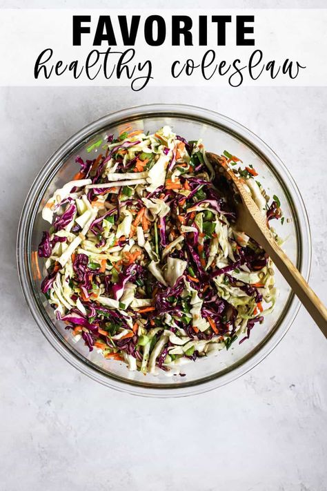 Get ready for your new favorite healthy coleslaw recipe! This slaw is vegan, all-purpose, and so simple to make. It's vinegar-based (no mayo in this one), with the most delightful crunch and wide array of colorful veggies. Perfect as a salad or bowl base, or for topping tacos, burgers, BBQ pulled pork, or any sandwich/wrap! #healthycoleslaw #vegan #salad #vinegarcoleslaw #cabbagerecipes Coleslaw No Mayo, Healthy Coleslaw Recipe, Apple Spinach Salad, Five Bean Salad, No Mayo Coleslaw, Healthy Coleslaw Recipes, Vinegar Coleslaw, Healthy Side Dish Recipes, Bbq Pulled Pork Sandwiches