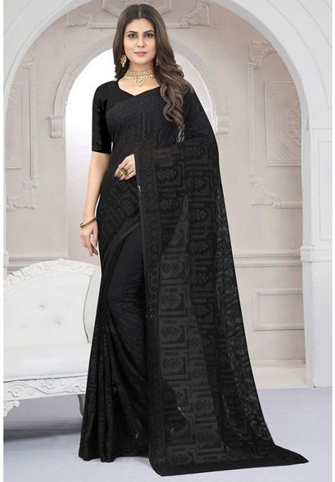 Black Embroidered Georgette Saree Grey Color Saree, Saree For Engagement, Saree In Black, Reception Saree, Celebrity Gowns, Indian Designer Sarees, Party Wear Saree, Ready To Wear Saree, Black Saree