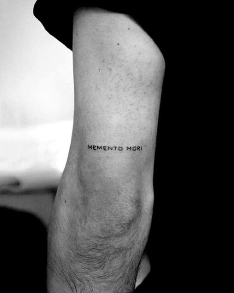 60 Back Of Arm Tattoo Designs For Men - Cool Ink Ideas Small Body Tattoos Men, Memento Mori Tattoo, Latin Tattoo, Family First Tattoo, Tricep Tattoos, Wörter Tattoos, Back Of Arm Tattoo, Simple Tattoos For Guys, Cool Arm Tattoos