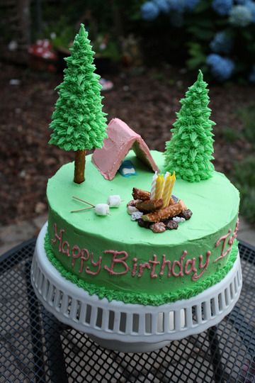 found and repinned- from apartment therapy.com- girls camping cake. she used ice-cream cones for the trees and piped on the frosting. Love This! Camping Birthday Cake, Cub Scout Cake, Camping Cakes, Camping Birthday Party, Camping Birthday, Themed Birthday Cakes, Camping Party, Alexandria Va, Creative Cakes