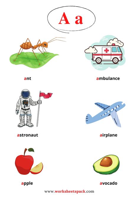 Words begin with the letter A. Let's learn new words with this free printable. Letter A Vocabulary For Preschool, Words Beginning With A, Jolly Phonics Printable, Letter S Activities, Letter A Words, English Lesson Plans, Kindergarten Reading Activities, Alphabet Phonics, English Activities For Kids