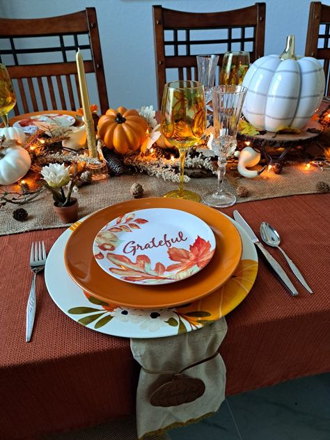 A "grateful" Thanksgiving dinner with family. Dinner With Family, Table Spread, Fall House, Thanksgiving Tablescape, Thanksgiving Tablescapes, Thanksgiving Table, Place Setting, Thanksgiving Dinner, Autumn Home