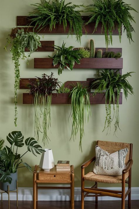 Craft a unique plant wall with wooden shelves filled with cascading greenery and desert cacti. Perfect for adding texture, color, and a touch of nature to your space. #LivingWallDesign #BohoGreenery #PlantWallIdeas #HomeDecorTrends #WoodenShelves #IndoorJungle #EcoFriendlyDecor #FernsAndCacti #GreenInteriorStyle #BohemianLiving Plant Wall Entryway, Plants Against Wall, Living Room Plant Wall, Plant Wall Ideas Indoor, Living Plant Wall, Wall Plants Indoor, Living Wall Diy, Herb Garden Wall, Plant Walls