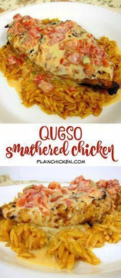 Queso Smothered Chicken, Chicken Smothered, Smothered Chicken, Plain Chicken, My Plate, Chicken Main Dishes, Poultry Recipes, Orzo, Chicken Dinner Recipes