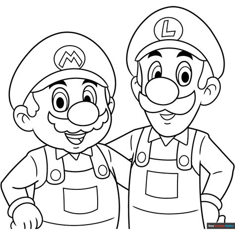 Mario and Luigi Drawing Coloring Page - Free & Printable Coloring Sheet Mario And Luigi Drawing Easy, Mario And Luigi Drawing, Super Mario Drawing, Luigi Drawing, Luigi Coloring Pages, Mario Crafts, Easy Drawing Guides, People Coloring Pages, Free Printable Coloring Sheets