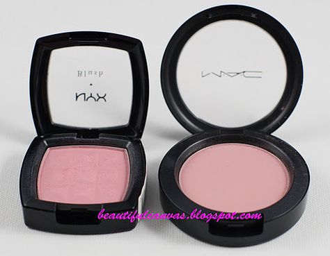 NYX Angel (similar to MAC Well Dressed) I have the NYX. beautiful canvas blog Makeup Duplicates, Nyx Eyeshadow, Blusher Makeup, Makeup Guide, Beauty Sponge, Beauty Products Drugstore, Eye Shadows, Drugstore Makeup, I Love Makeup