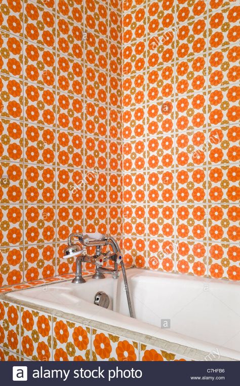 Bathtub in retro bathroom interior Stock Photo - Alamy Retro Tiled Bathroom, 60’s Bathroom, 1960s Interior Design, 1960s Bathroom, Mcm Bathroom, 1950s Bathroom, 1960s Interior, Shower Cabinets, Vintage Bathtub