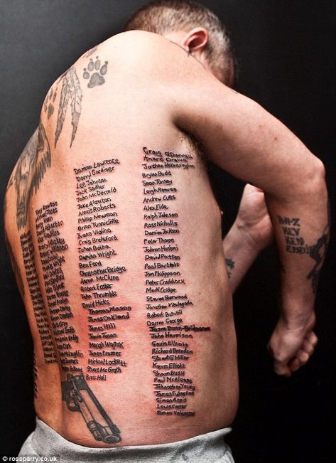 The military tattoo: Former soldier has names of every soldier killed in Afghanistan inked onto his body as mark of respect. Respect Tattoo, Soldier Memorial, Soldier Tattoo, See Tattoo, Military Tattoos, Full Back Tattoos, Fallen Soldier, Eagle Tattoos, Name Tattoo