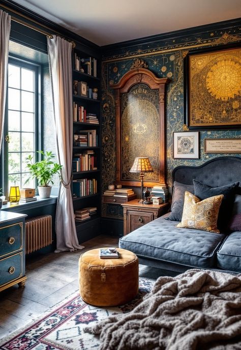 Boho Witchy Bedroom Tarot Reading Room Ideas, Witchy Cottage Bedroom, Cozy Witchy Bedroom, Bedroom Sanctuary Ideas, Witchy Home Aesthetic, Boho Witchy Bedroom, Cryptic Symbols, Whimsigoth Room, Witchy Living Room