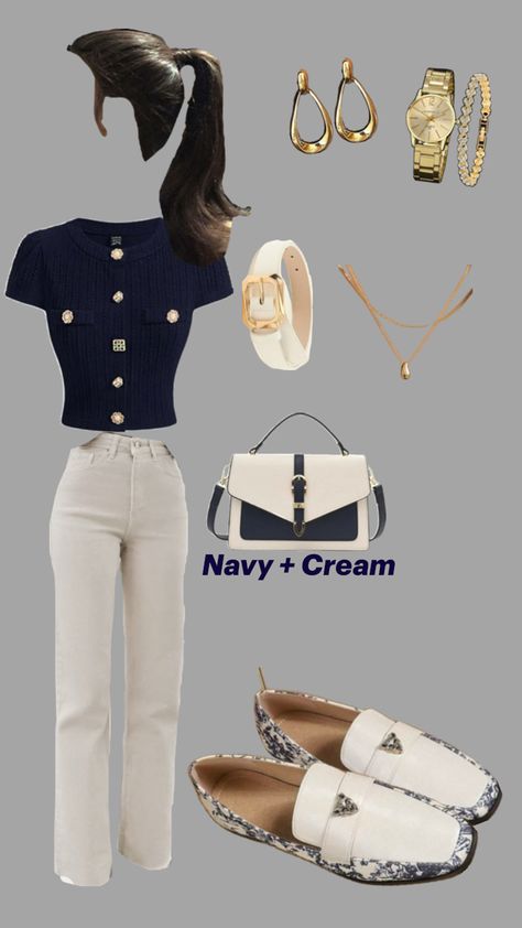 Navy blue, Cream, Gold, elegant, classy, Old money, fashion, outfit, girly Old Money Style For School, Style For School, Vintage Opulence, Cream Outfit, Money Girl, Look Expensive, Elegant Styles, Old Money Style, Timeless Jewelry