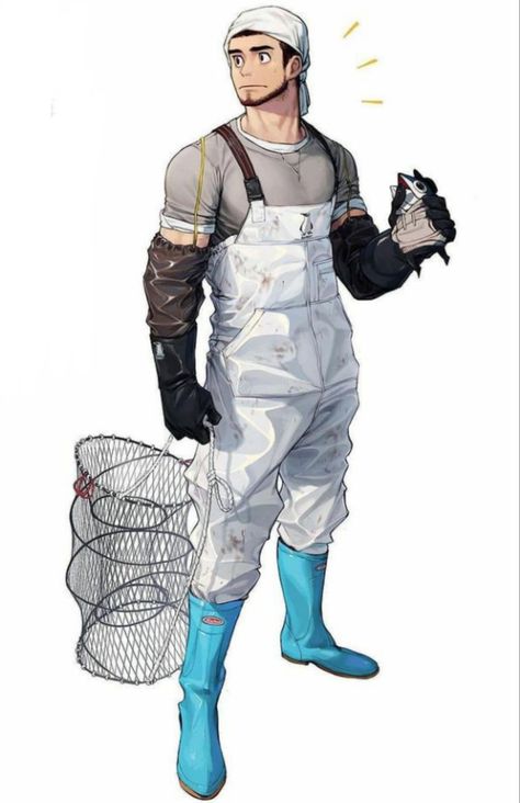 Fish Man Concept Art, Fisherman Character Design Concept Art, Fisherman Reference, Fisher Character Design, Overalls Character Design, Overalls Drawing Reference, Fisherman Overalls, Fisherman Clothes, Anime Fisherman