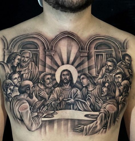 Mexican Chest Tattoo, Tattoo Dada, The Last Supper Tattoo, Mens Body Tattoos, Christian Sleeve Tattoo, Filipino Tattoos, Lion Head Tattoos, Forearm Sleeve Tattoos, Jesus Tattoo