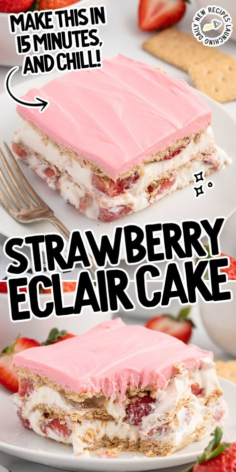 Eclair No Bake Dessert, Eclair Pie No Bake, No Bake Lemon Eclair, Christmas Eclair Cake, Strawberry Eclair Dessert, Best Strawberry Dessert Recipes, Easy Refreshing Desserts, Strawberry Eclair Cake, No Bake Strawberry Desserts