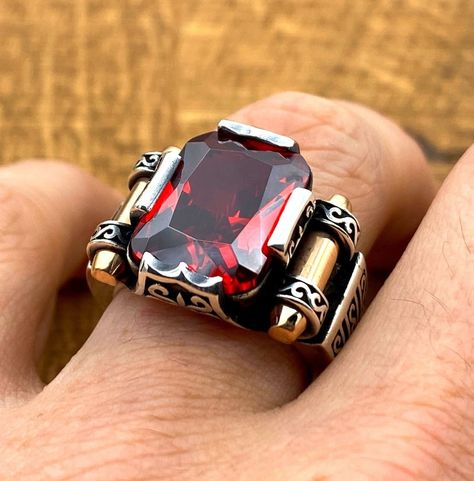 Ruby Ring Men Red Stone Silver Men Ring Turkish Handmade - Etsy Ruby Ring Men, Star Ruby Ring, Silver Men Ring, Red Stone Ring, Mens Rings, Handmade Sterling Silver Rings, Gold Chains For Men, Ring Men, Turkish Jewelry