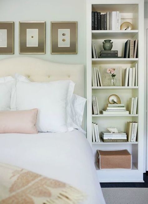 Tall bookcase framing bed Nightstand Alternative, Bookshelf Headboard, Serene Bedroom, Traditional Bedroom, Built In Bookcase, Apartment Inspiration, Book Shelf, Beautiful Bedrooms, My New Room