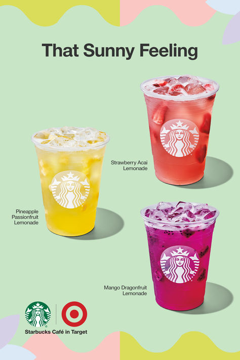 For that sunny feeling, enjoy a Starbucks Refreshers beverage with lemonade. Wonderfully bright & fruity, they’re sure to put you in a spring state of mind. Go for the Strawberry Açaí Lemonade, the Pineapple Passionfruit Lemonade or the Mango Dragonfruit Lemonade. Each one is shaken with ice & real fruit pieces for total refreshment. Get your favorite flavor at Starbucks Café in Target. Pineapple Passionfruit Lemonade, Passionfruit Lemonade, Strawberry Açaí Lemonade, Mango Dragonfruit Lemonade, Preppy Starbucks, Dragonfruit Lemonade, Cream Filling Recipe, 15th Birthday Party Ideas, Starbucks Summer