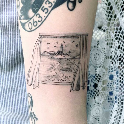 Tattoo of a shore landscape seen through the window Shore Landscape, Auto Tattoo, Window Landscape, Window Tattoo, Coffee Cup Tattoo, Related Tattoos, Cup Tattoo, Geometric Mandala Tattoo, Coffee Tattoos