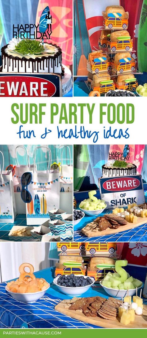 Need a great surf party menu or tropical party food ideas for a Luau or Hawaiian themed party? This boy surf birthday party has fun foods perfect for kids and adults alike. Get the full menu at PartiesWithACause.com #boypartyideas #kidsparty #summerpartyfood Surf Up Birthday Party, Surf And Turf Party Ideas, Surf Shack Birthday Party, Boys Luau Birthday Party, Surfer Party Food, Surf Theme Party Food, Surfing Theme Birthday Party, Surf Birthday Party Food, Beach Birthday Party Food