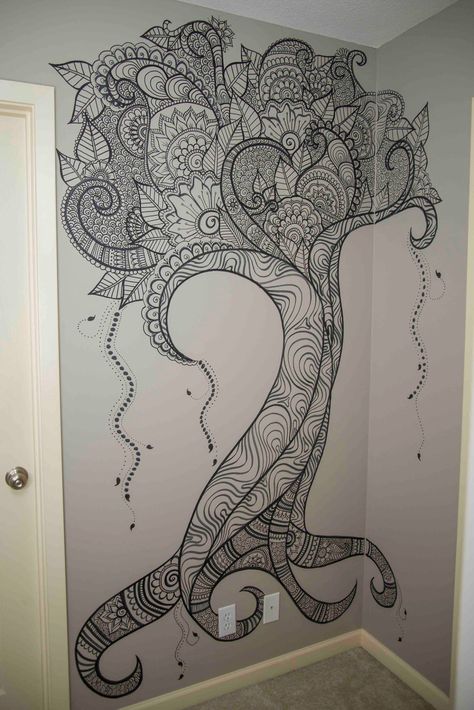 Beautiful henna tree design by Elsa Rhae Creations - https://www.facebook.com/elsarhae/ Henna Tree, Tree Wall Painting, Doodle Wall, Simple Wall Art, Mandalas Drawing, Metal Tree Wall Art, Wall Drawing, Mandala Wall Art, Metal Tree