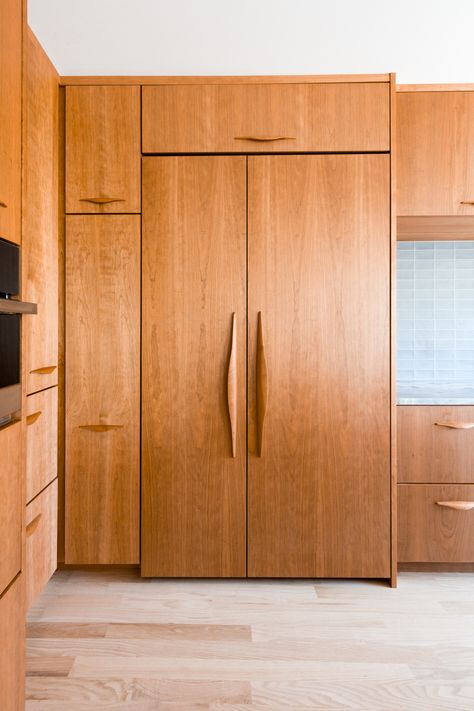 Hidden Fridge Built Ins, Hidden Fridge, Built In Fridge, Panel Ready Refrigerator, Integrated Refrigerator, Mcm Kitchen, Refrigerator Cabinet, Engine House, Large Fridge