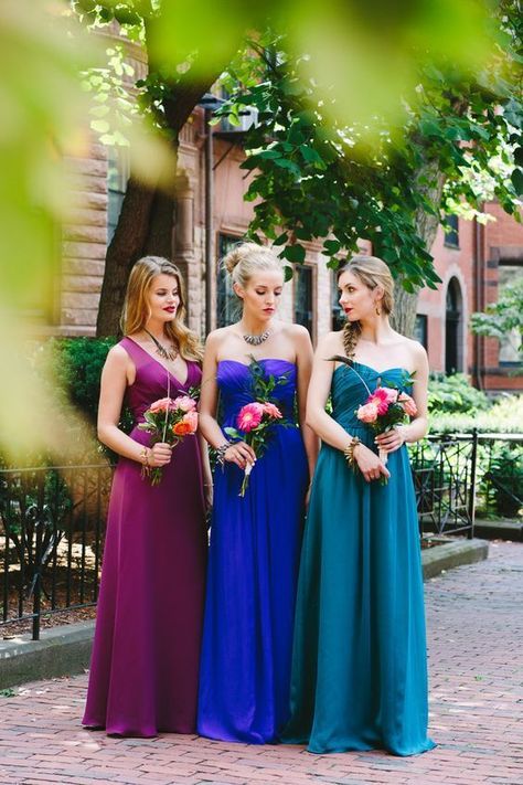 Jewel Tone Bridesmaid Dresses, November Wedding Colors, Jewel Tone Bridesmaid, Jewel Tone Dress, How To Dress For A Wedding, Gold Wedding Colors, Jewel Tone Wedding, Mismatched Bridesmaids, Mismatched Bridesmaid Dresses