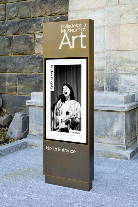 Digital Kiosk, Museum Identity, Totem Design, Pylon Sign, Wayfinding Signage Design, Store Concept, Wayfinding Design, Philadelphia Museums, Outdoor Signage