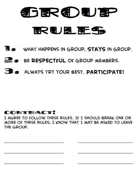 Group member contract for small group counseling. Group Rules For Adults, How To Start A Support Group, Small Group Rules, Therapeutic Group Activities For Adults, Support Group Ideas, Support Group Activities, Group Counseling Activities, Group Therapy Activities, Middle School Counseling