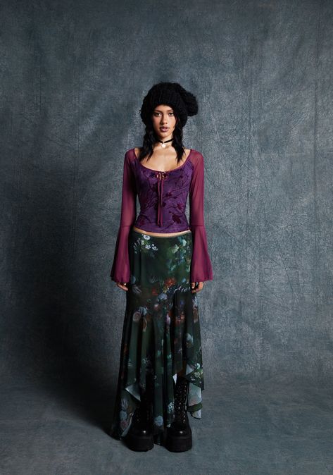 Cast a spell this fall season with this top that has a flocked floral burnout design, sheer mesh long flared sleeves, a scoop neckline with front tie closures,and a cropped fit. Long Sleeve Fits Aesthetic, Jewel Toned Outfits Summer, Styling Floral Tops, Sheer Tie Front Top Outfit, Vampy Fall Outfits, Purple And Green Fashion, Ahs Violet Outfits, Cute Top Designs, Celestial Witch Outfit