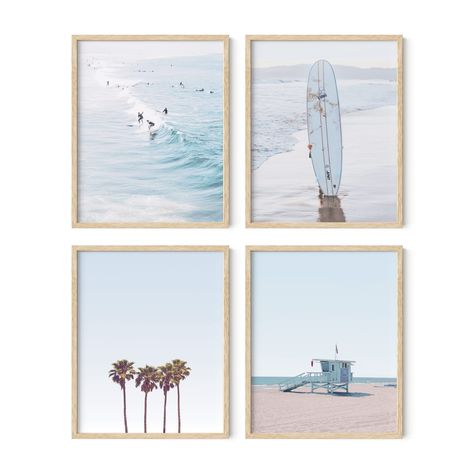 PRICES MAY VARY. FIND YOUR BEACH: This beach themed decor set brings the welcoming, relaxing, soothing, and comforting nature of a tropical beach paradise right to your home or office. Decorating your wall with ocean inspired wall decor has never been easier PREMIUM PROTECTION: Our 4 piece beach themed wall art set comes packaged with chipboard pads to protect against creases and dents, and shipped in rigid stay-flat mailers to protect your artwork while in transit. Framed or hung with clips, th Frame Tv Gallery Wall, Beach Themed Room Decor, Beach Themed Wall Art, Tv Gallery Wall, Haus And Hues, Beach Art Prints, Art Plage, Beach Bathroom Decor, Surfboard Art