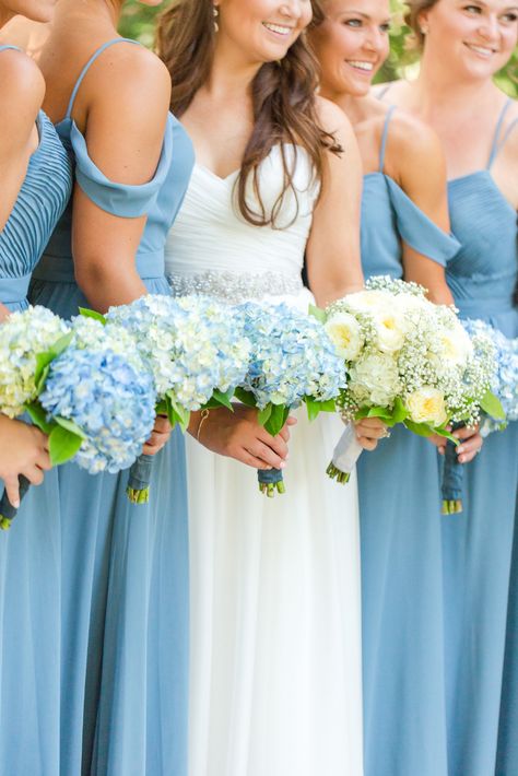 Slate Blue Bridesmaid Dresses at the Barn at Springhouse Gardens in Lexington, Kentucky with Hydrangea Bouquets. See more photos by Kentucky Wedding Photographer Kevin and Anna Photography at www.kevinandannaweddings.com #kabrides #Kevinandannaphotography #kaweddings #kagrooms #kacouples Blue Hydrangea Bridesmaid Dresses, Hydrangea Bridesmaid, Blue Hydrangea Wedding Bridesmaid, Blue Bridesmaids Colorful Flowers, Blue Hydrangea Bridesmaid Bouquet, Bridesmaid Dresses Shades Of Blie, Hydrangea Bridesmaid Bouquet, Slate Blue Bridesmaid Dresses, Blue Hydrangea Bouquet