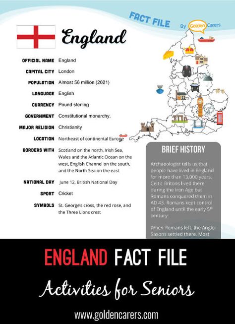 England Fact File Facts About England, Uk Facts, Personal Care Assistant, Uk Culture, Country Studies, English Teaching Materials, World Thinking Day, Geography Lessons, Facts For Kids