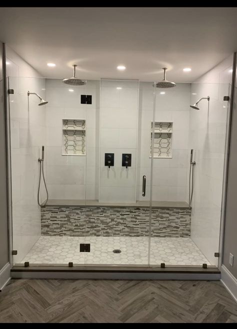 Double Head Shower Ideas With Bench, Showers For 2 People, Bathroom Ideas Two Shower Heads, Big Double Shower Ideas, Shower Two Heads Walk In, Master Shower Corner Bench, Master Bath With Separate Shower And Tub, Big Shower With Bench, Bathroom Large Shower Ideas