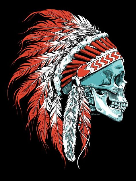 Indian Skull Tattoos, Indian Skull, Indian Headdress, Indian Tattoo, Skull Artwork, A Skull, Skull Tattoos, Typography Tshirt, Native Art