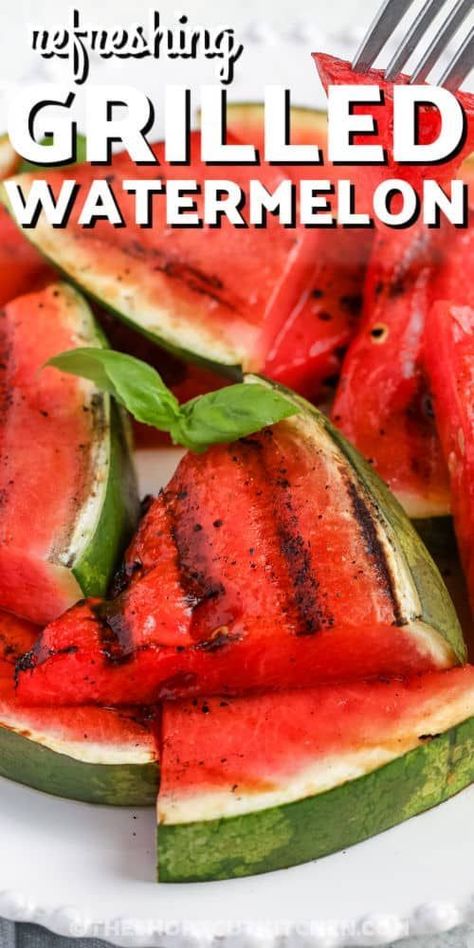 Take your next backyard bbq to the next level with this delicious balsamic grilled watermelon recipe. Ready in just two easy steps and a few minutes of prep, this easy side dish is fun, and festive, and unexpectedly delicious! Try it with extras like feta cheese or mint leaves. It's great as a side to chicken, shrimp, or steak. #grilledwatermelon #howtomakegrilledwatermelon #balsamicgrilledwatermelonrecipe #theshortcutkitchen Watermelon Steak Recipe, Grilled Watermelon Recipes, Watermelon Steak, Watermelon Recipe, Grilled Watermelon, Chicken Shrimp, Healthy Protein Snacks, Easy Side Dish, Watermelon Recipes