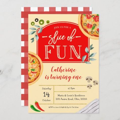 Pizza Birthday Invitations, Toddler Pizza Party, Food Themed First Birthday Party, Pizza Theme First Birthday, Pizza Party Ideas Birthday Kids, Pizza Party 1st Birthday, First Birthday Themes Twins, Pizza Party Invite, 1st Birthday Pizza Theme