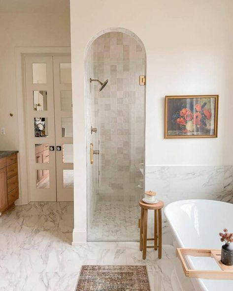 Brownstone Primary Bathroom, Enclosed Master Shower Ideas, Colonial House Bathroom Ideas, Bathroom Ideas European Style, Bathroom Remodel European, Modest Master Bath, Small Master Bath No Windows, European Country Bathroom, Modern French Country Master Bath